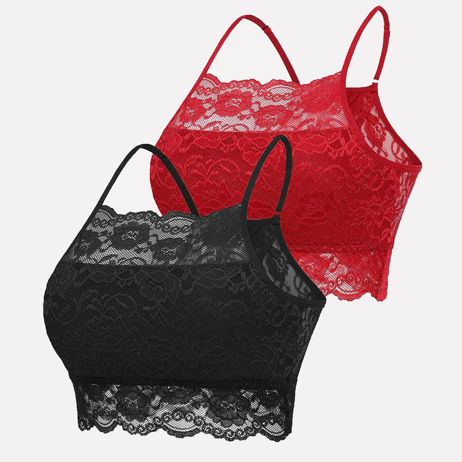 Avidlove 2-pack lace crop tops: black & red bralettes, wireless, adjustable straps, A-C cups.