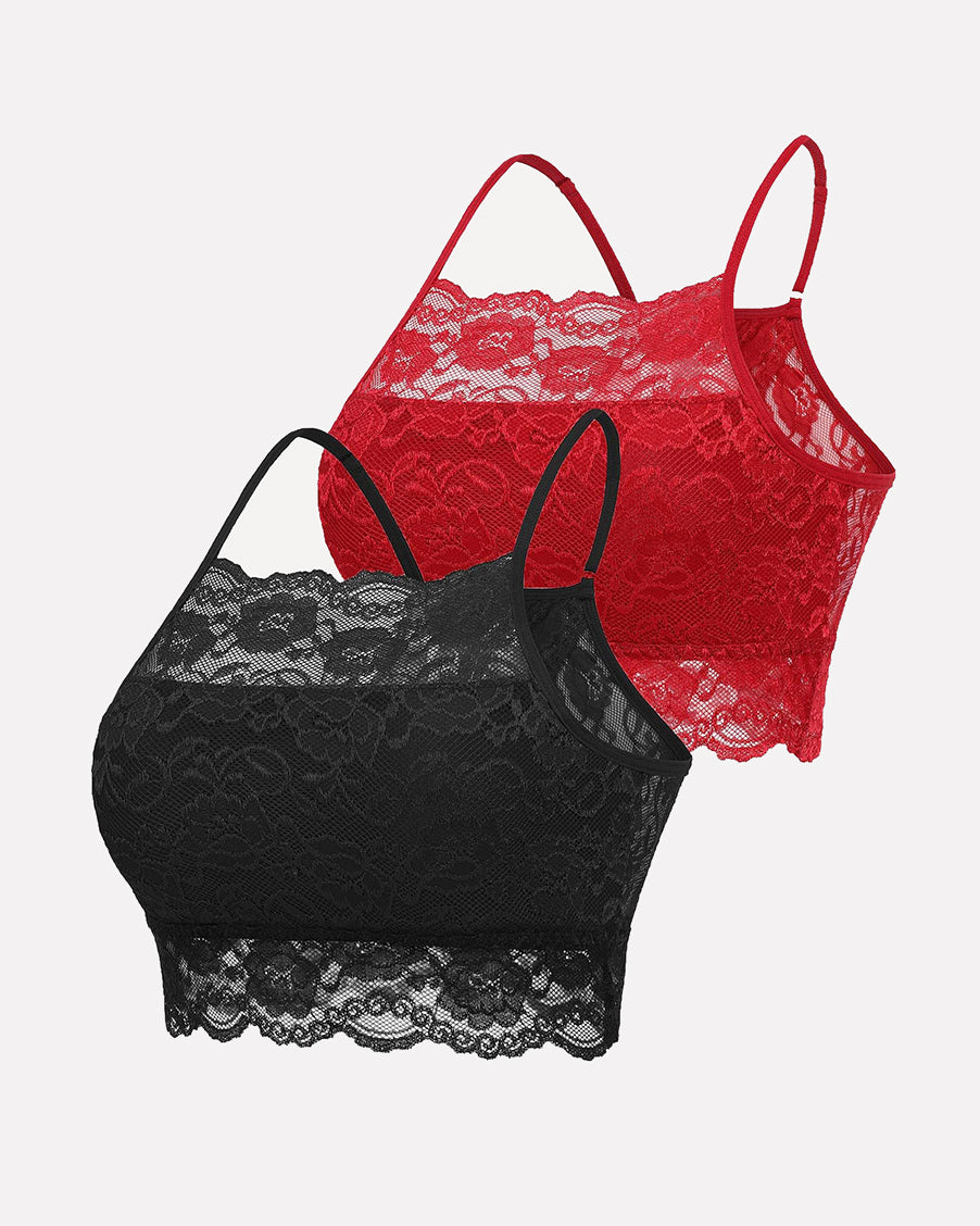 Avidlove 2-pack lace crop tops: black & red bralettes, wireless, adjustable straps, A-C cups.