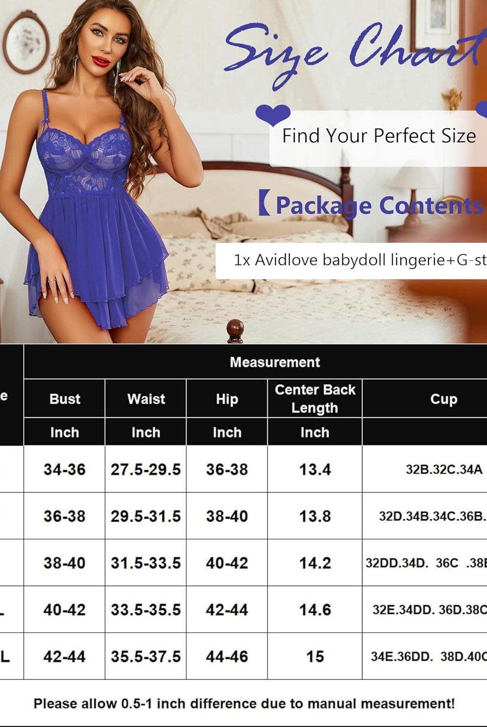 Blue lace babydoll lingerie size chart, Avidlove, Find Your Perfect Size, sexy lingerie set