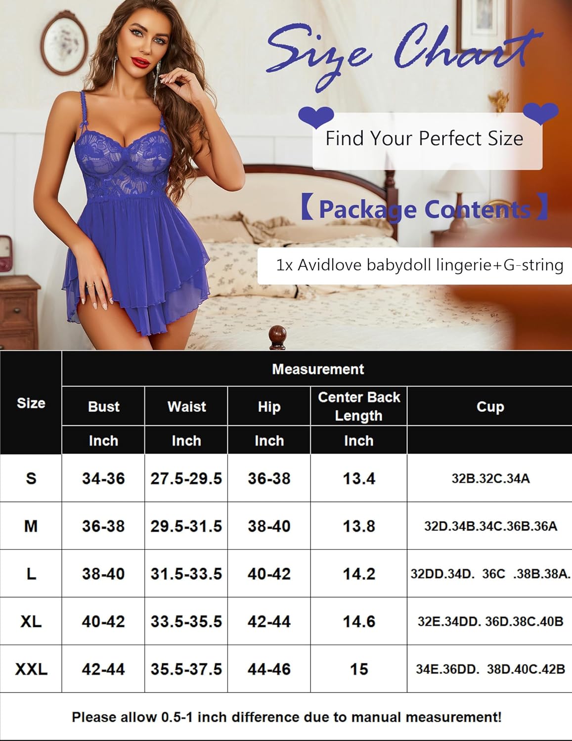 Blue lace babydoll lingerie size chart, Avidlove, Find Your Perfect Size, sexy lingerie set