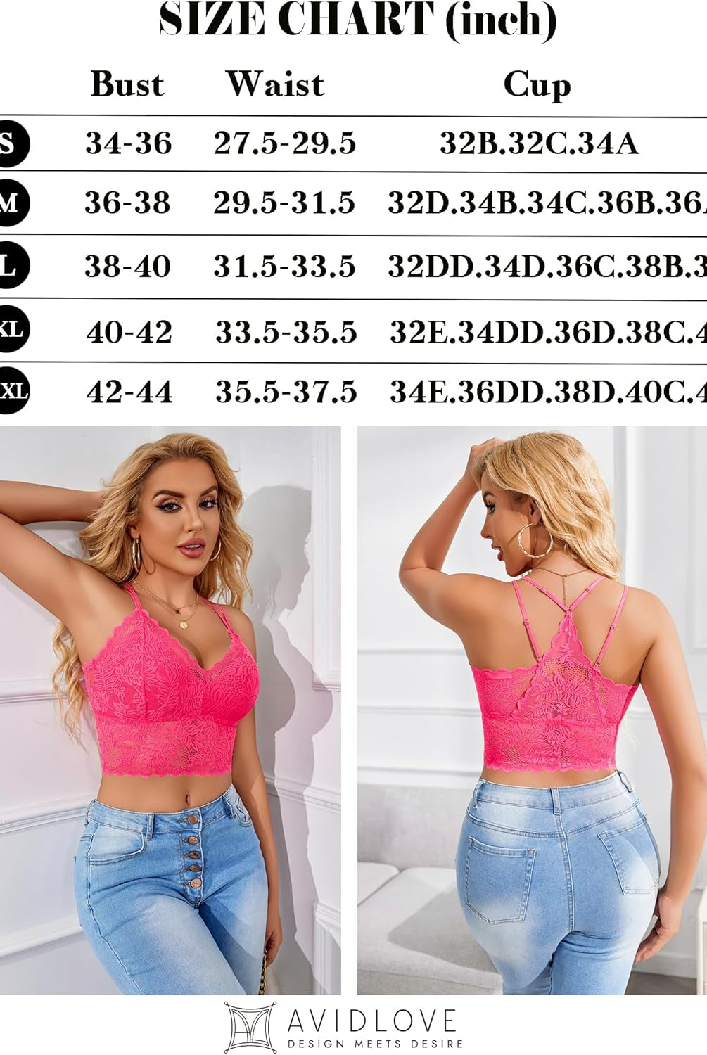 Pink lace racerback crop top with size chart. Adjustable straps, Avidlove lingerie.