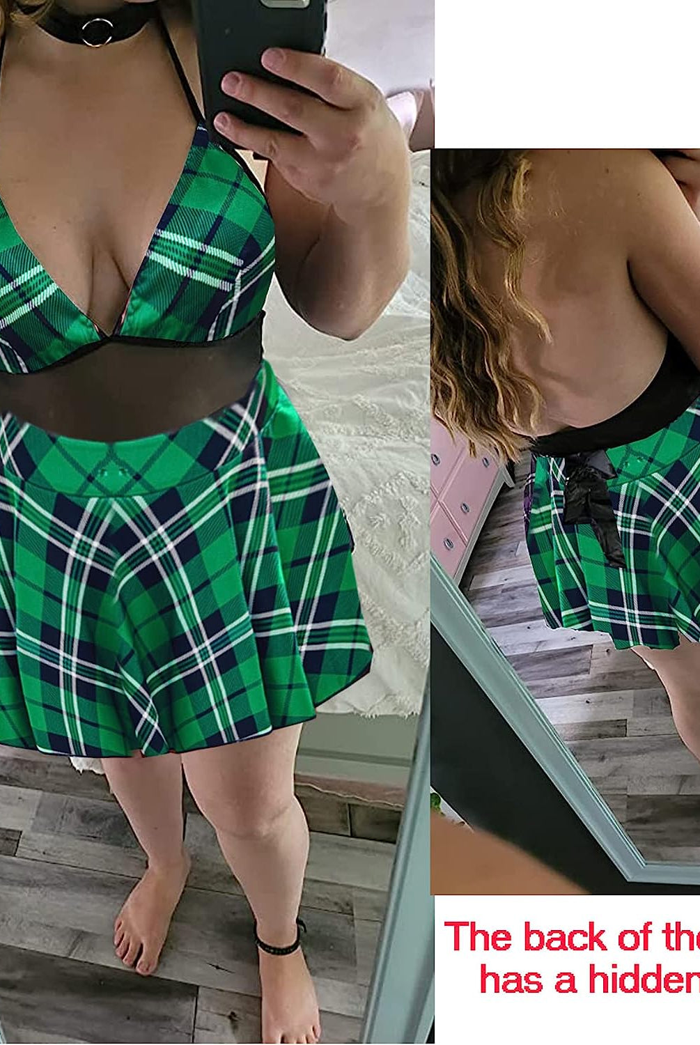 Green plaid schoolgirl lingerie set: halter top, pleated skirt, hidden slit, cosplay costume.