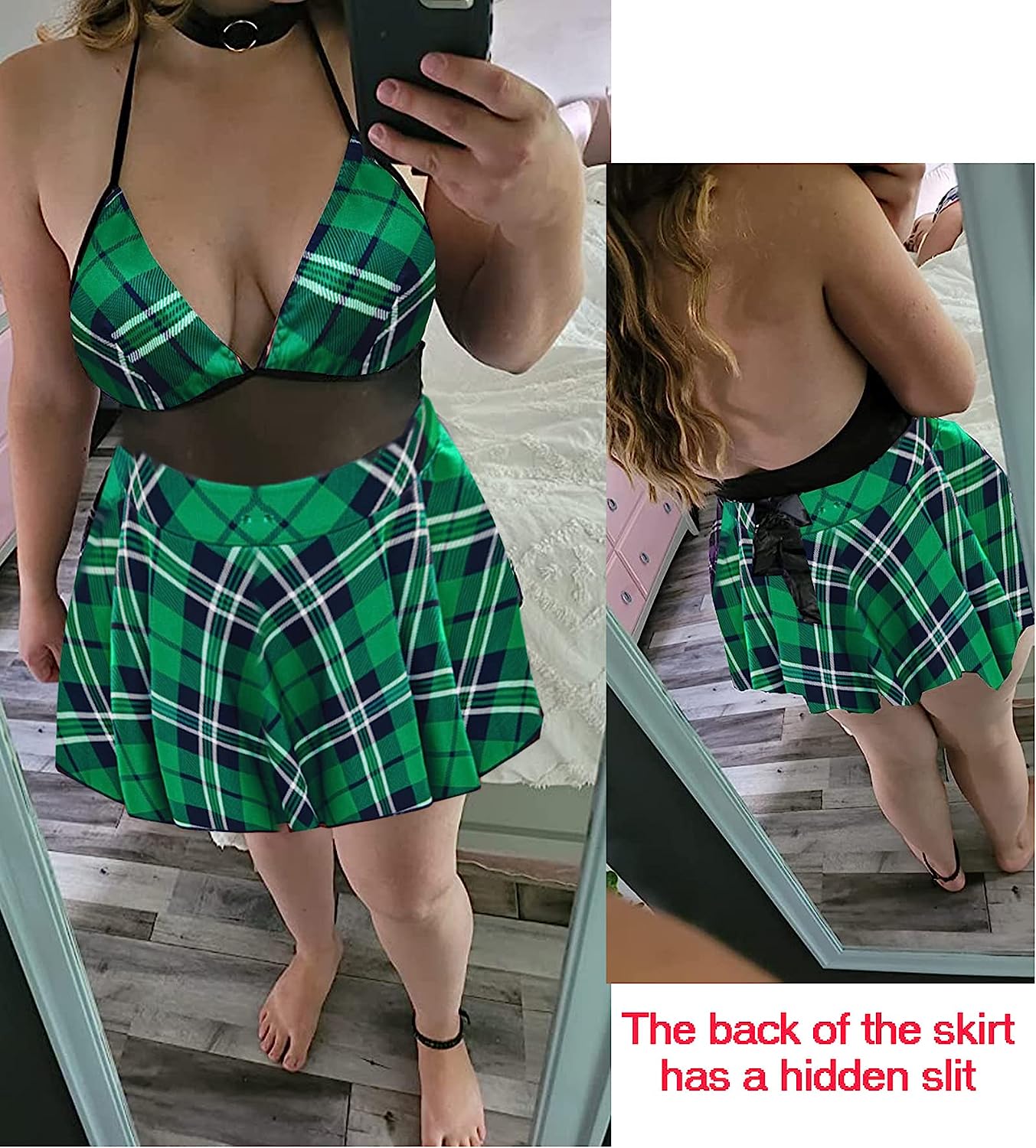 Green plaid schoolgirl lingerie set: halter top, pleated skirt, hidden slit, cosplay costume.