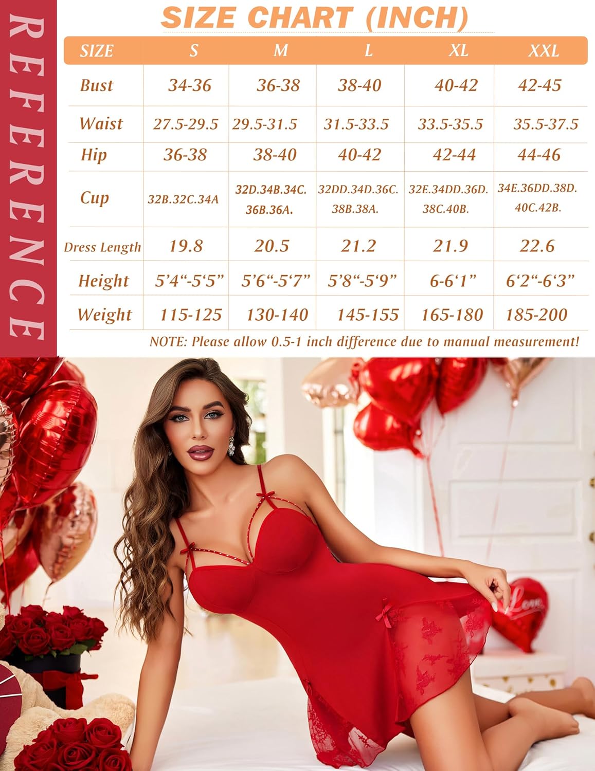 Red lace modal full slip nightdress with bow details and adjustable straps, size chart