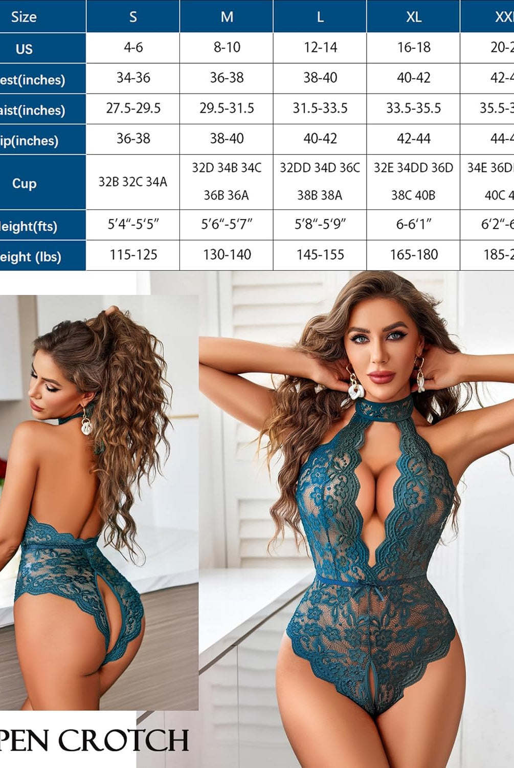 Teal lace halter bodysuit with open crotch, deep V-neck, and size chart. Sexy lingerie for women.