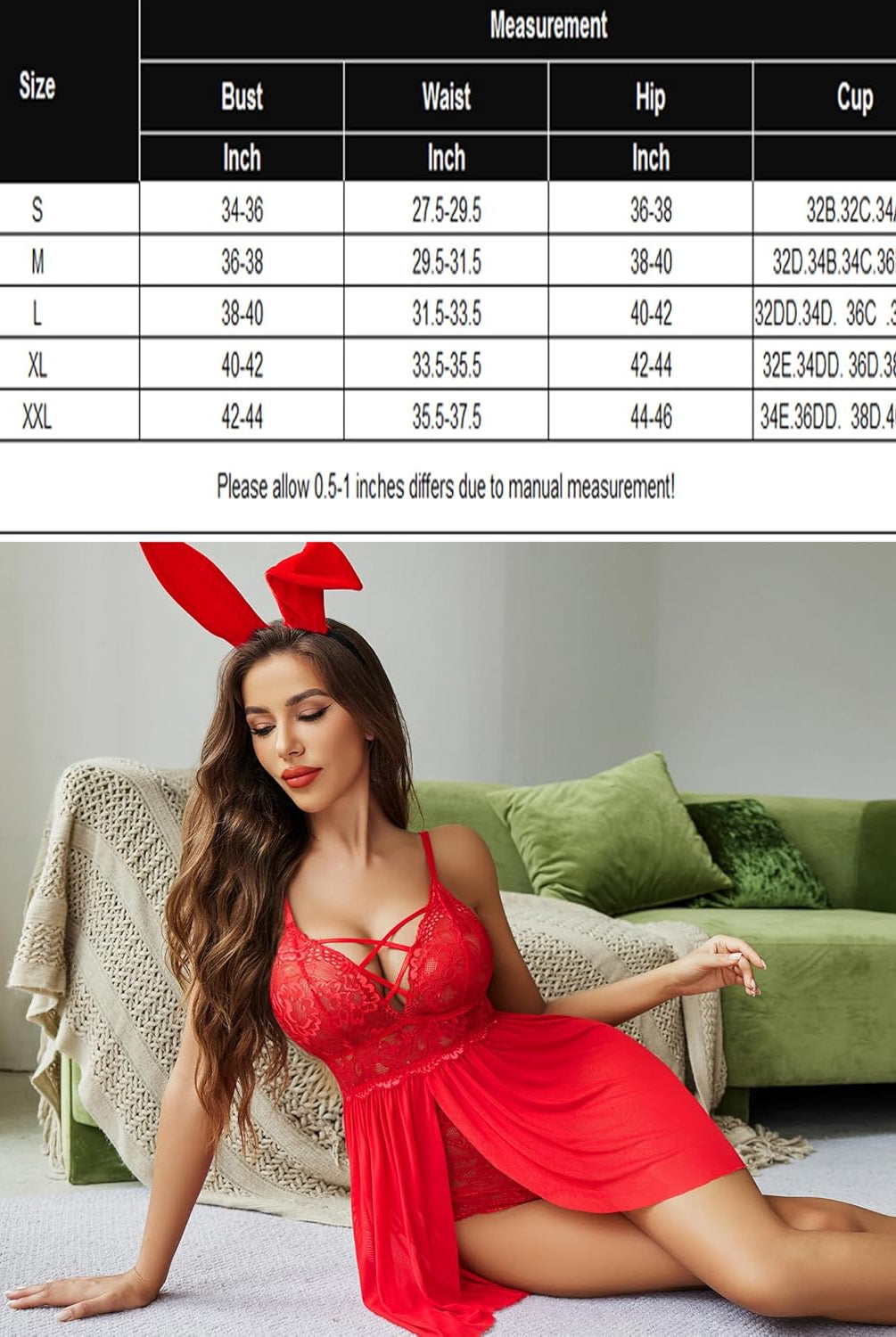 Red lace babydoll lingerie dress with adjustable straps and sheer mesh skirt. Size chart.