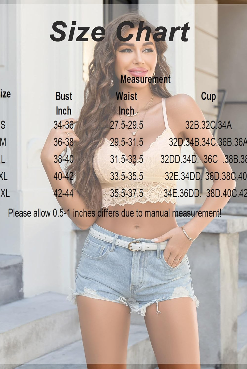 Lace racerback cami tank top size chart, measurements, model wearing the product.
