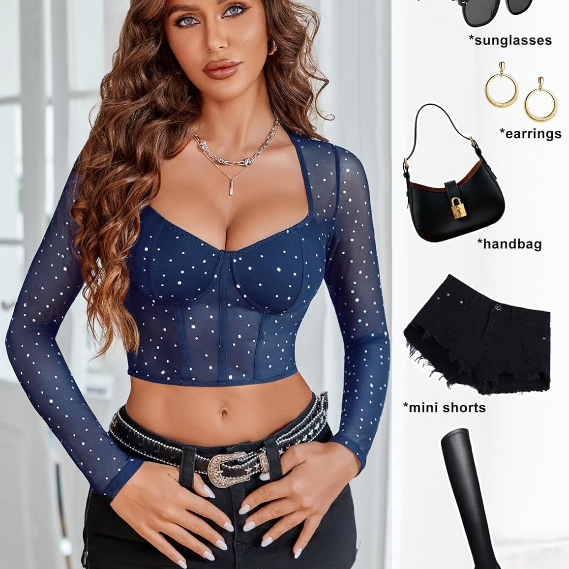 Navy mesh rhinestone crop top outfit with black shorts, accessories; trendy outfit ideas
