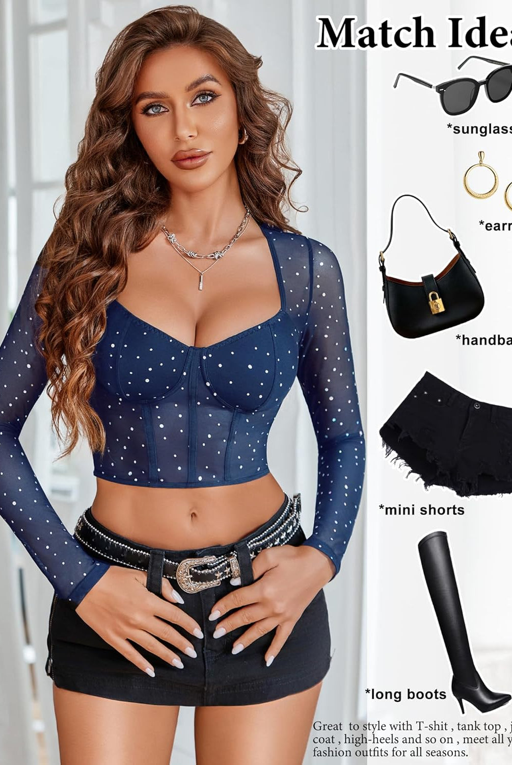 Navy mesh rhinestone crop top outfit with black shorts, accessories; trendy outfit ideas