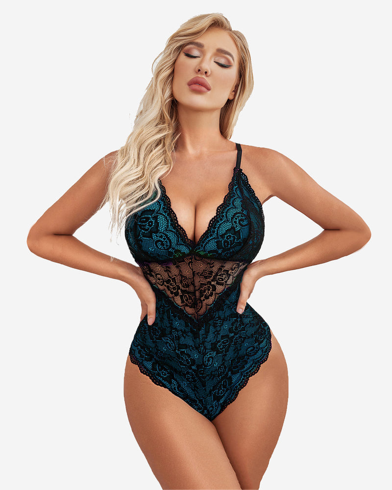 Teal floral lace snap crotch teddy lingerie with confident fit. Comfortable and sexy design.