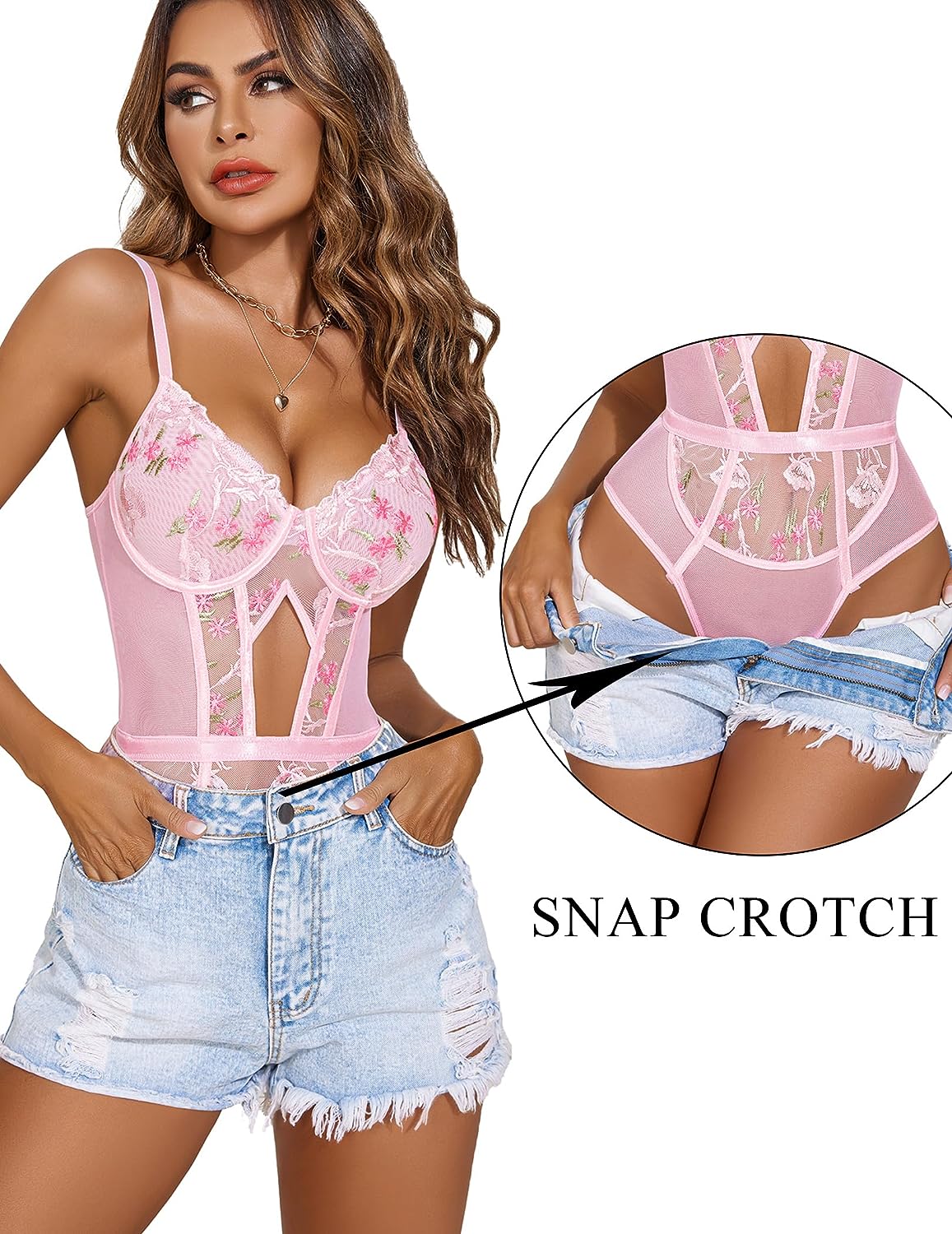 Pink floral lace bodysuit with garter belt and snap crotch, styled with denim shorts.