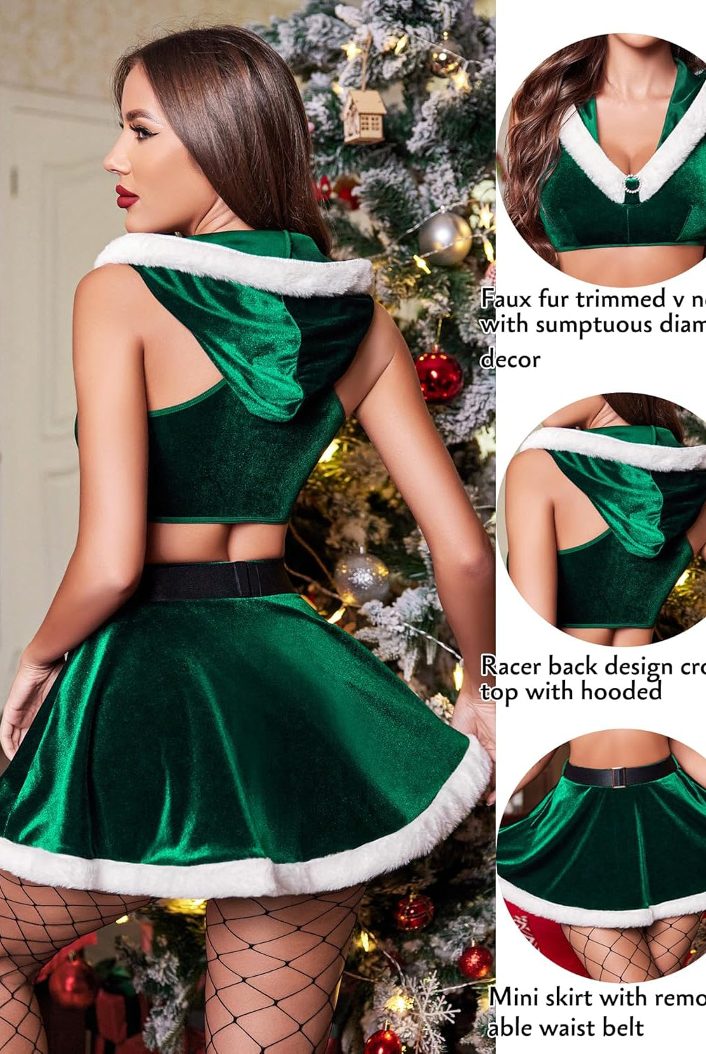 Green velvet Christmas lingerie set with faux fur trim hooded crop top and mini skirt, for Christmas