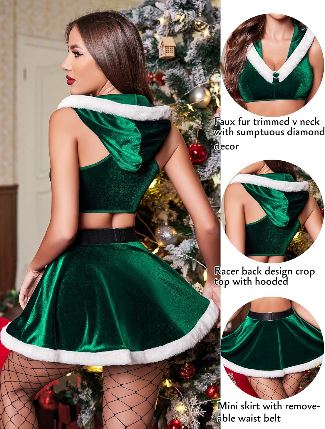 Green velvet Christmas lingerie set with faux fur trim hooded crop top and mini skirt, for Christmas