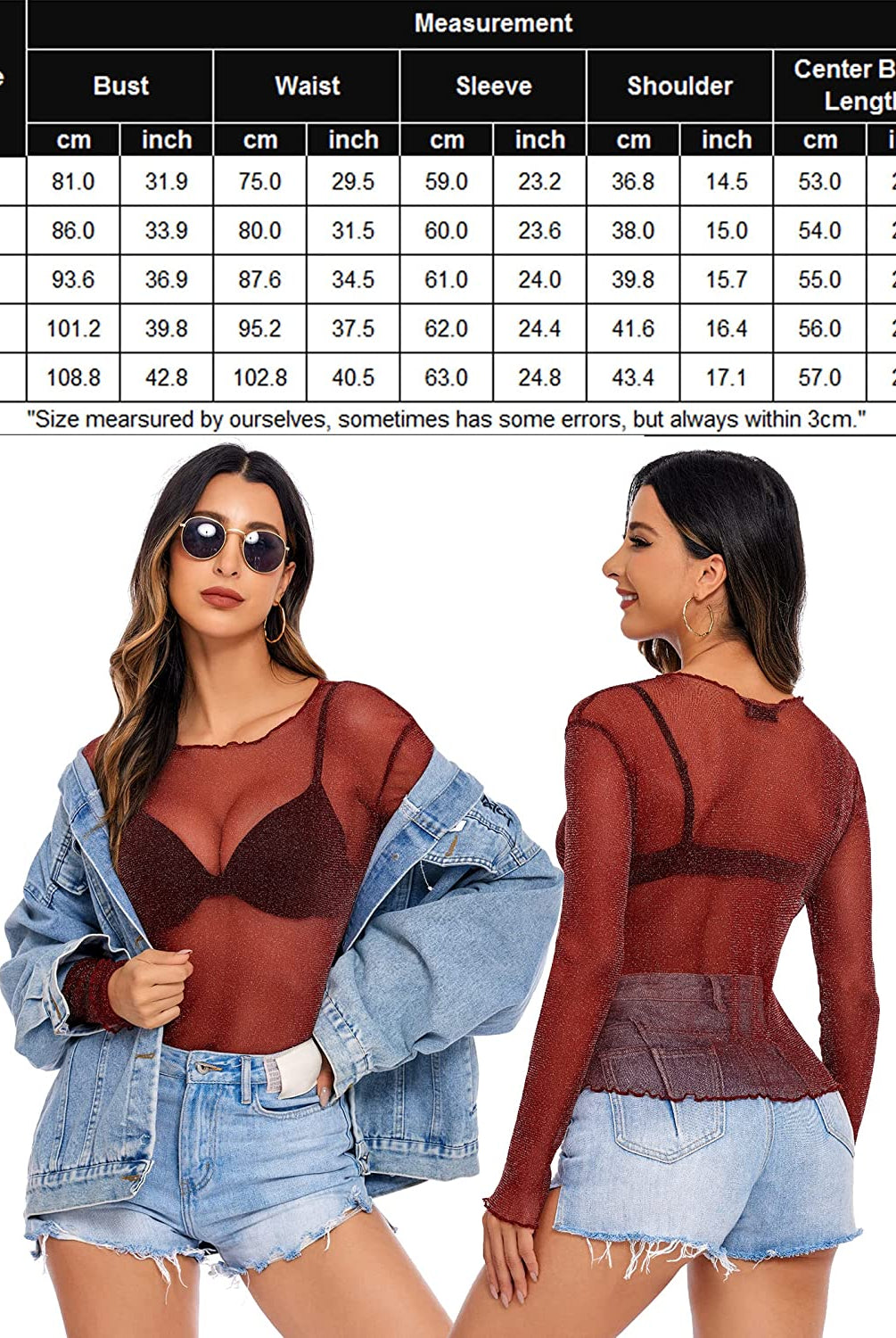 Burgundy mesh long sleeve see through shirt, stylish outfit, size chart included