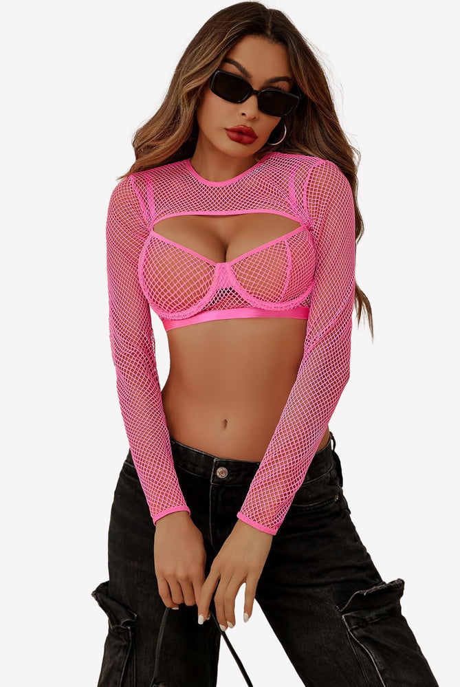 Neon pink fishnet 3-piece lingerie set with crop top and bra. Sexy, fashionable lingerie.