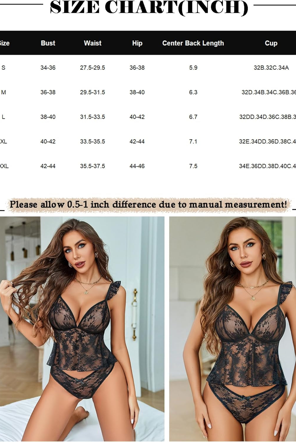 Black lace bra and panty set with size chart, adjustable straps, perfect for a romantic look.