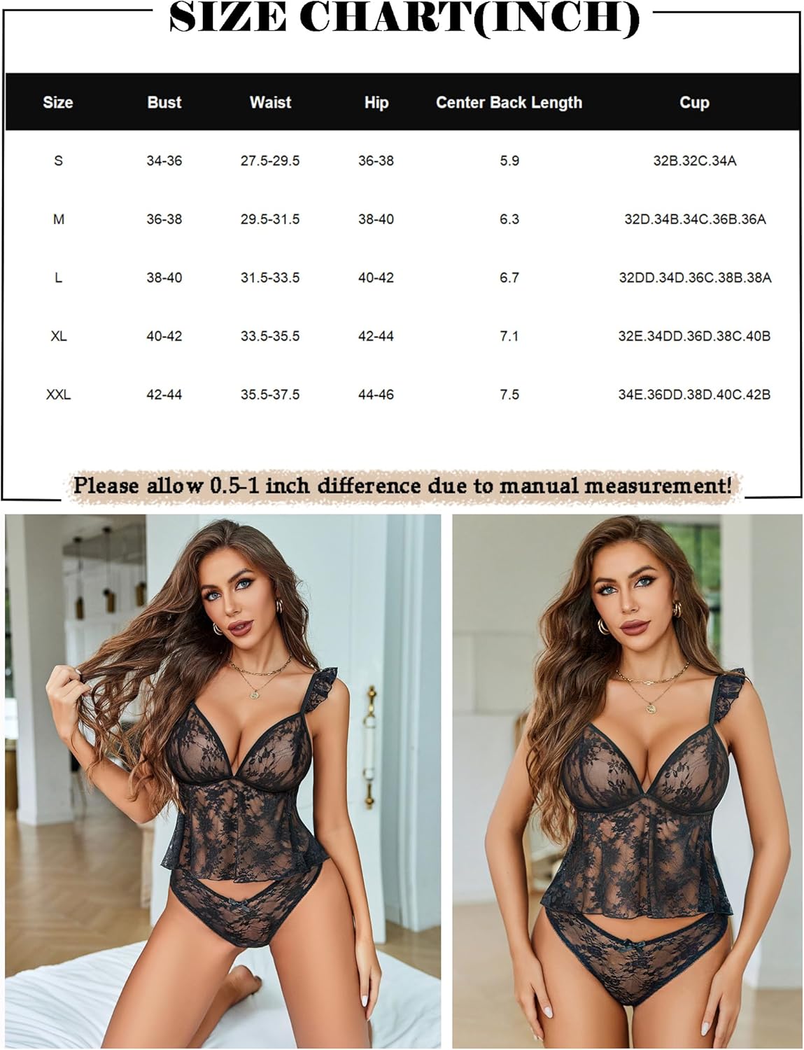 Black lace bra and panty set with size chart, adjustable straps, perfect for a romantic look.