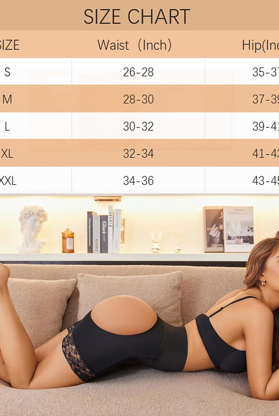 Black tummy control high-waisted shorts with lace trim and size chart