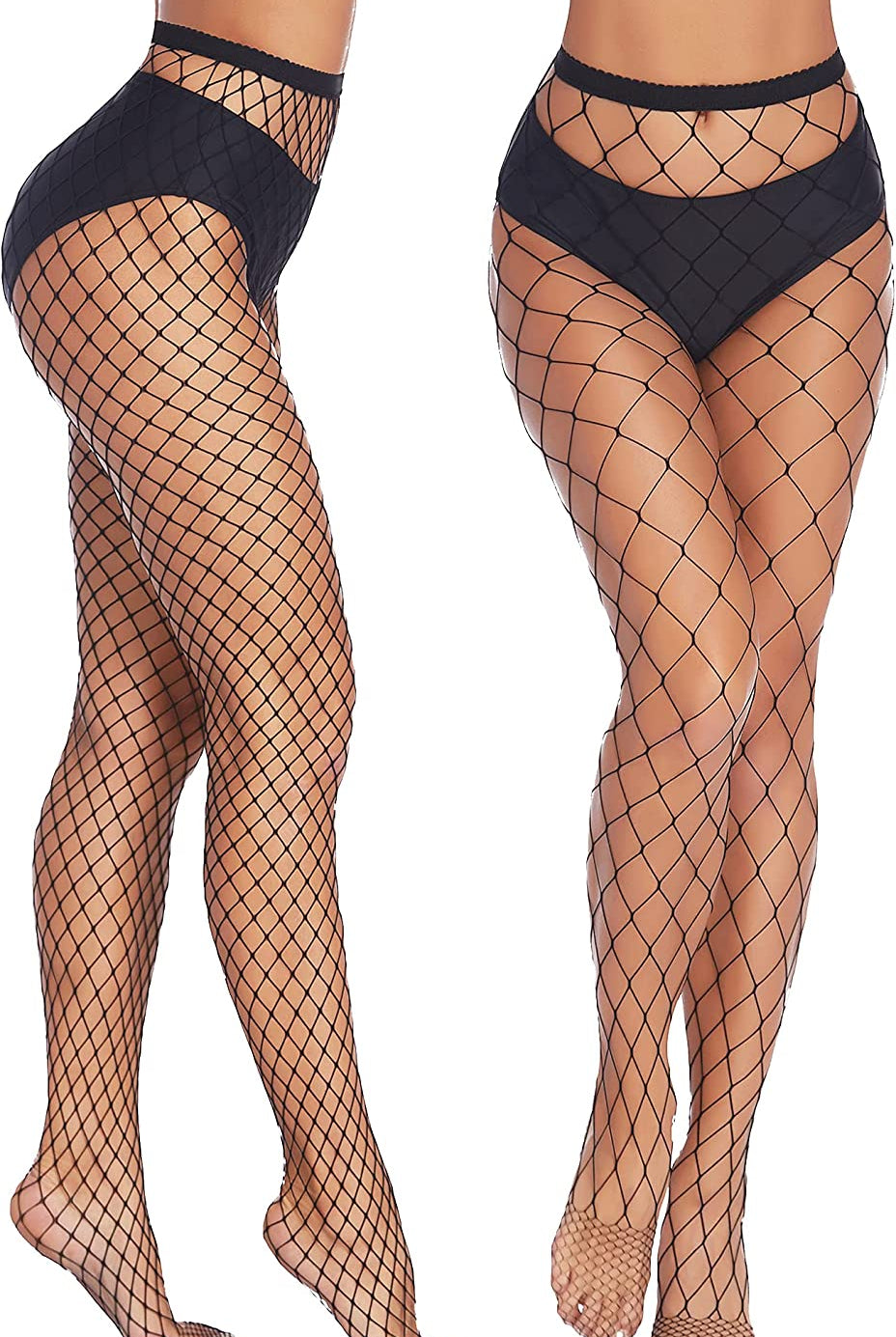 Black diamond net fishnet stockings on models, high-waisted, sexy and confident look