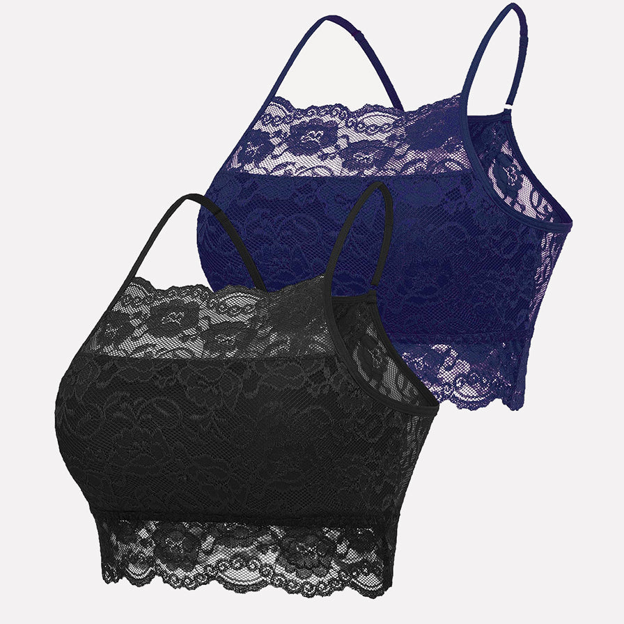 2-Pack Avidlove lace crop tops: black & navy blue, wireless, adjustable straps