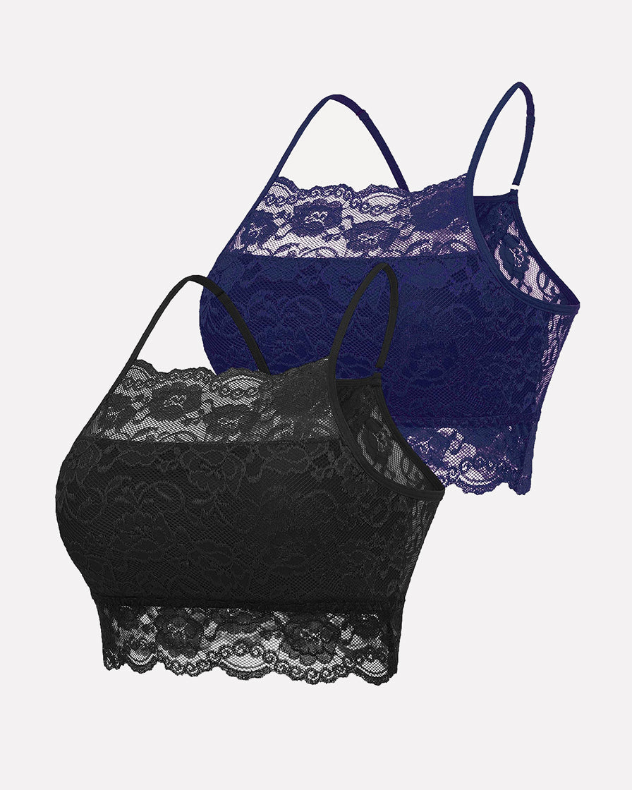 2-Pack Avidlove lace crop tops: black & navy blue, wireless, adjustable straps