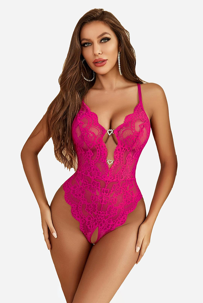 Pink lace teddy lingerie with deep V-neck and crotchless design, heart detail