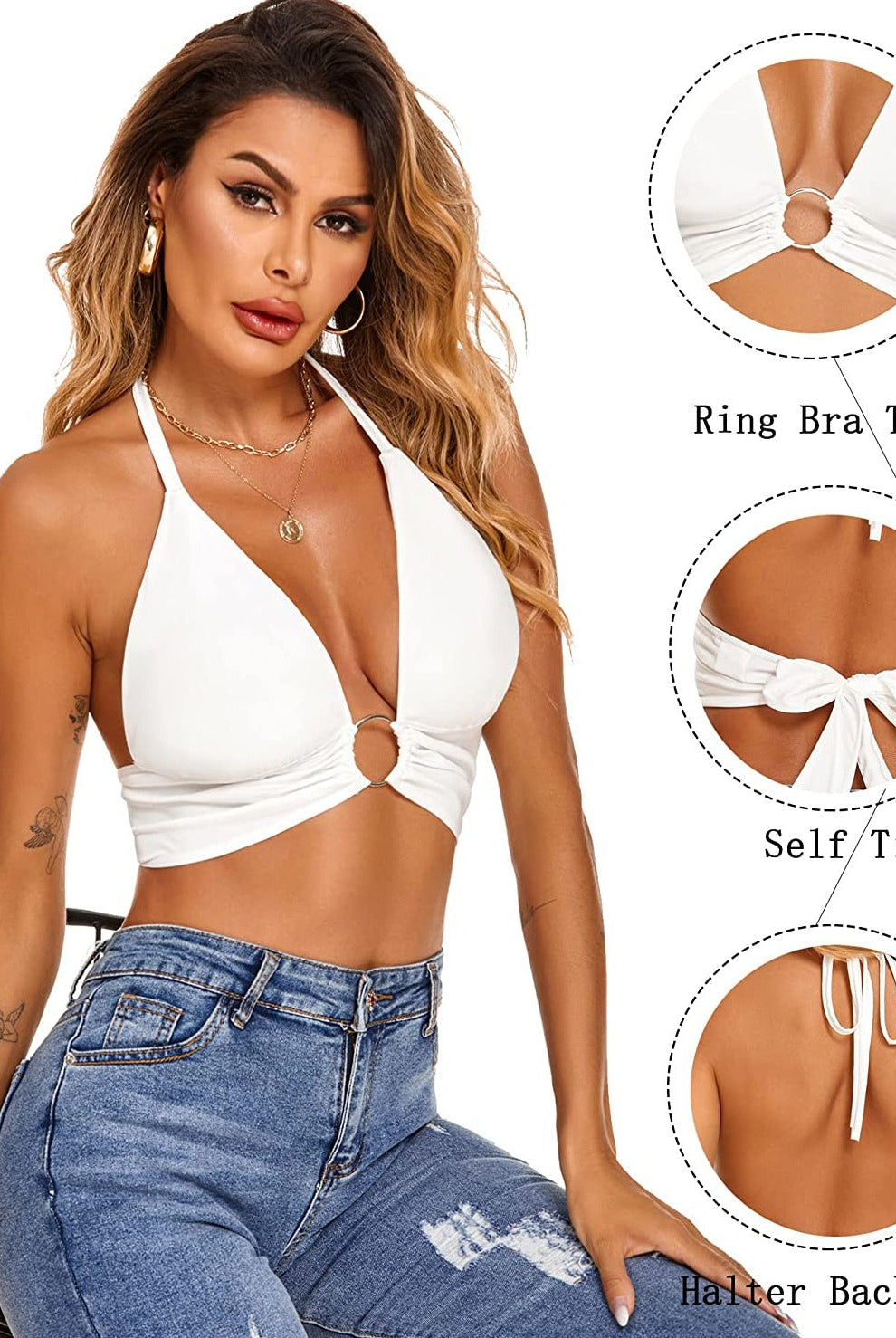 White halter deep V neck tank top with ring, self-tie, halter back, and trendy summer style