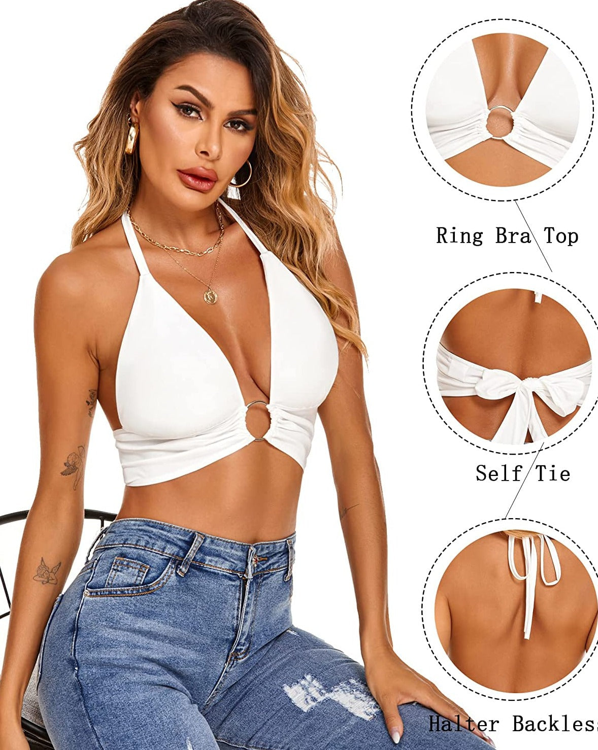 White halter deep V neck tank top with ring, self-tie, halter back, and trendy summer style