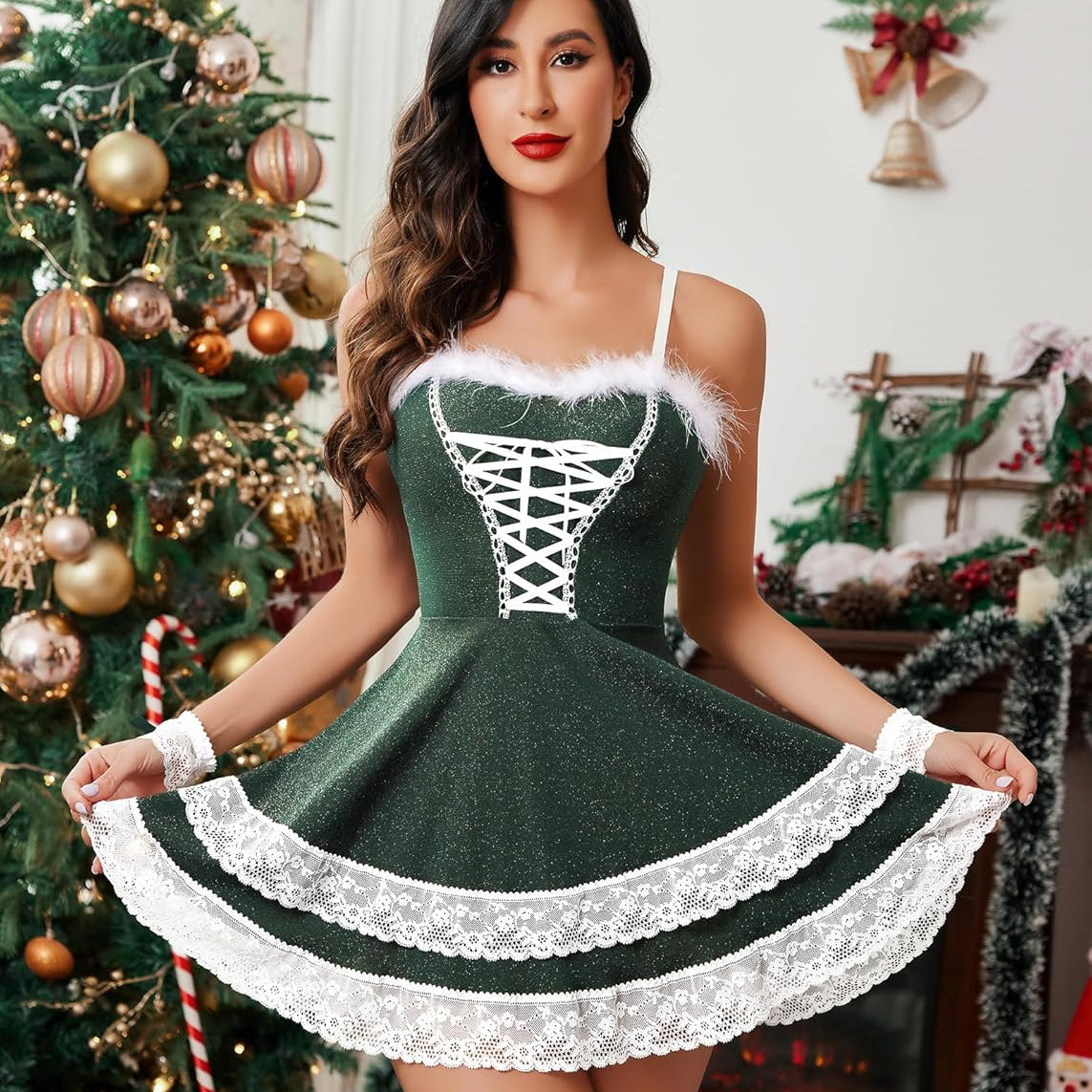 Green Christmas dress with white lace, criss-cross front, perfect for holiday parties