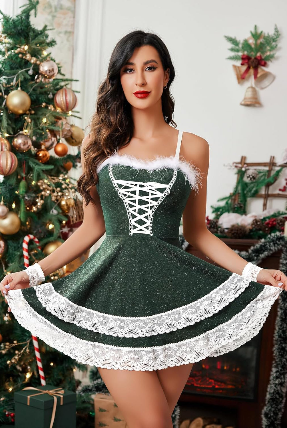 Green Christmas dress with white lace, criss-cross front, perfect for holiday parties