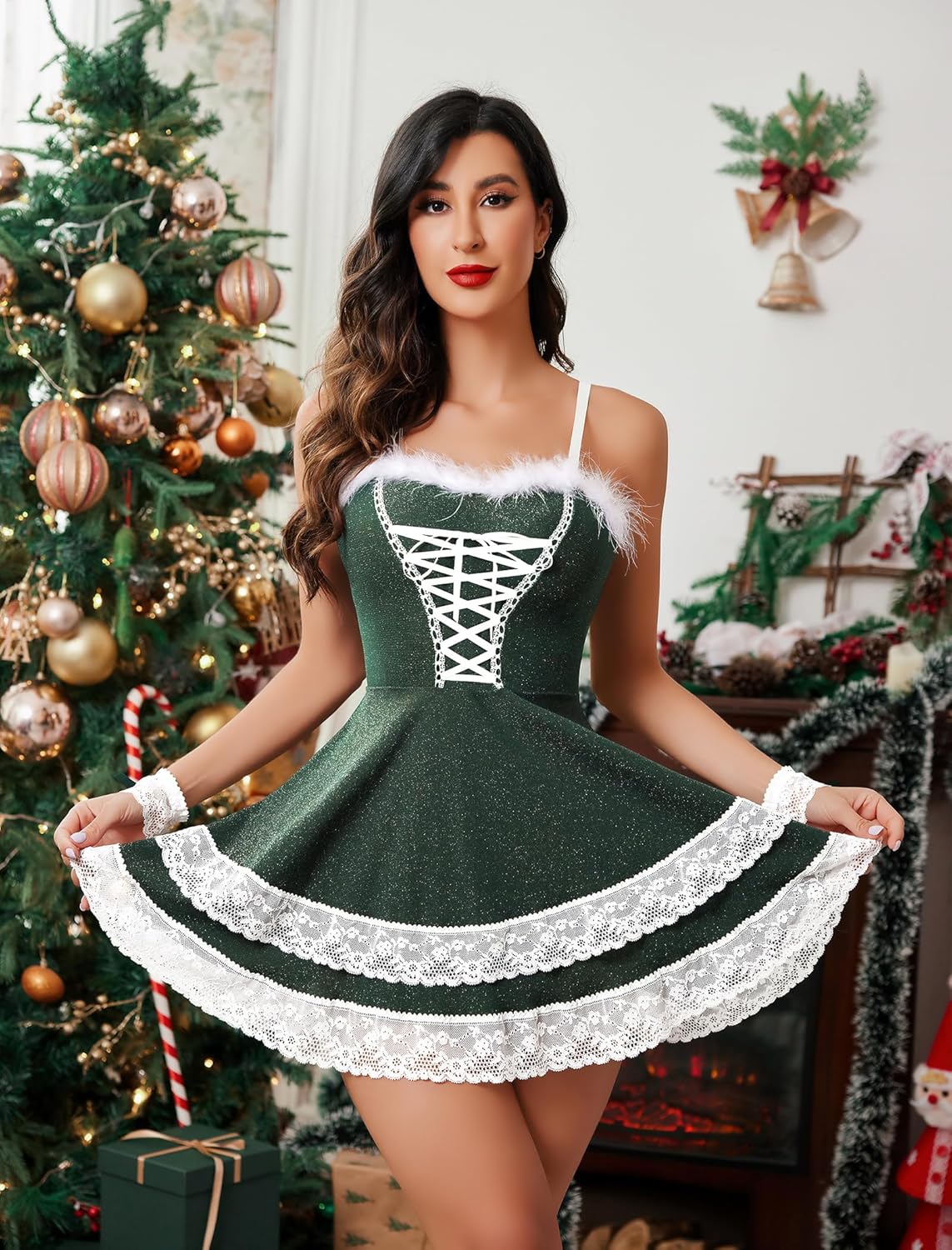Green Christmas dress with white lace, criss-cross front, perfect for holiday parties