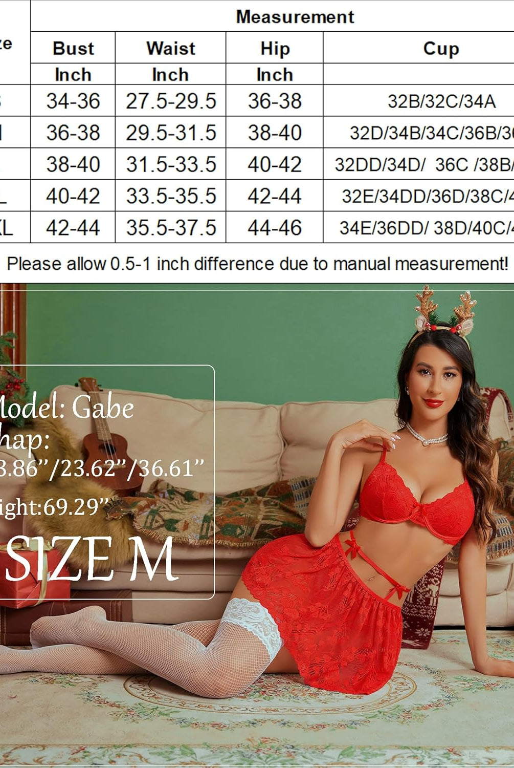 Red lace babydoll lingerie, size M with stockings. Sexy Avidlove set includes bra, skirt, garter belt for dates.