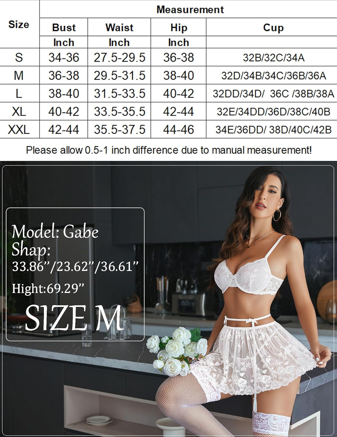 White lace babydoll, size M, featuring bra, skirt, and garter belt. Sexy lingerie with a size chart.