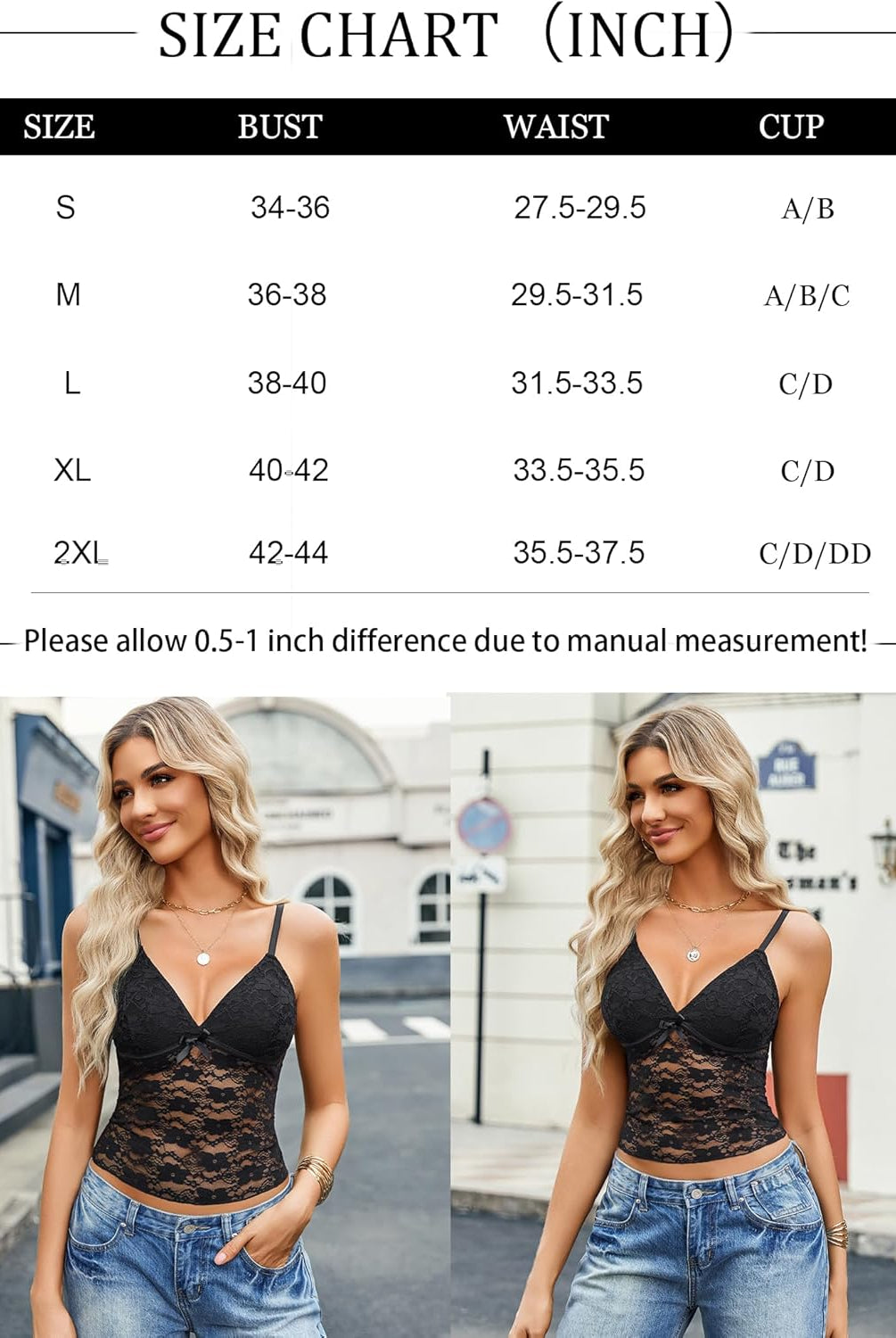 Black lace camisole crop top with spaghetti straps, Y2k tank top size chart, available sizes S-2XL.