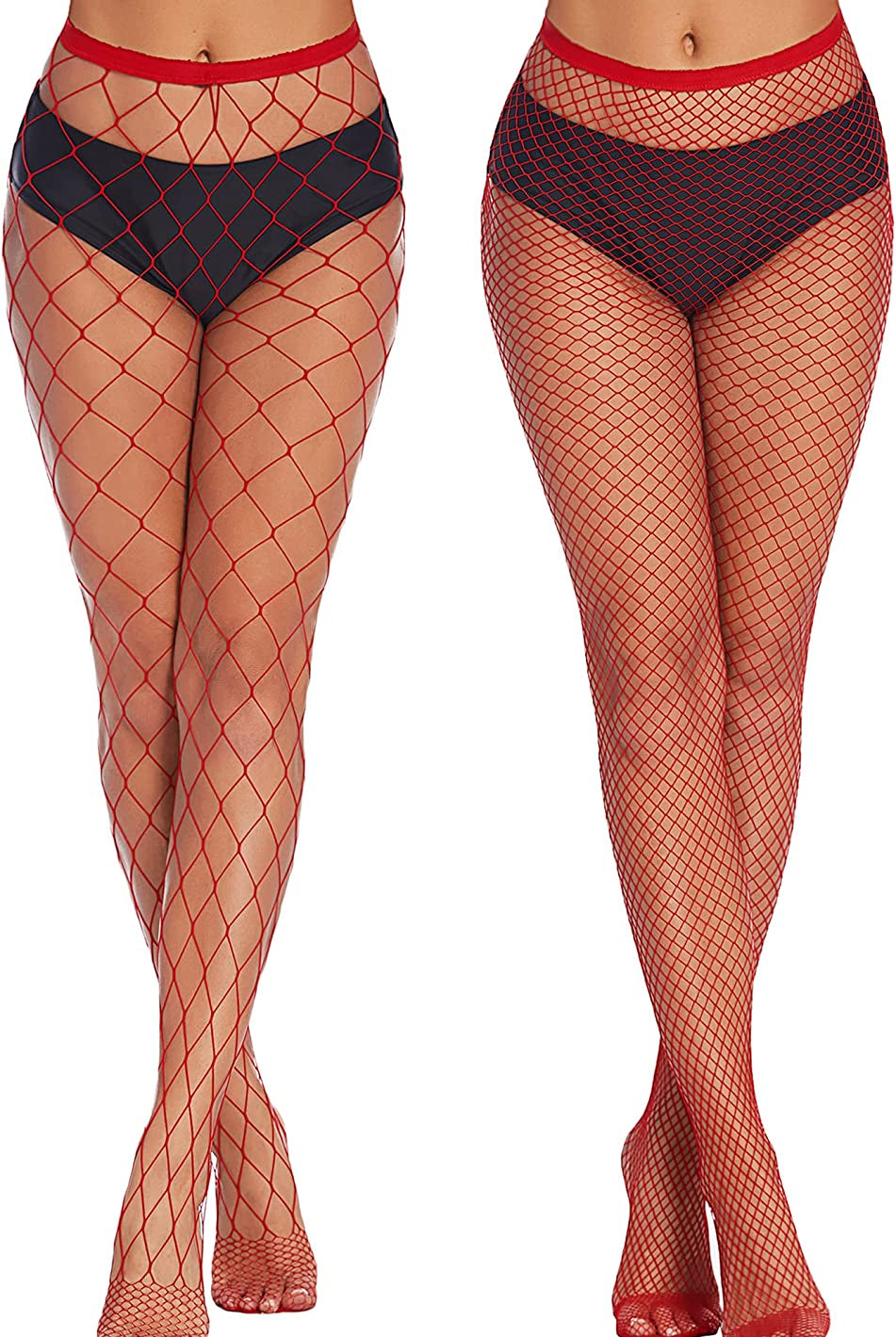 Red fishnet stockings, showcasing a classic diamond net design. Ideal for a sexy and confident look.
