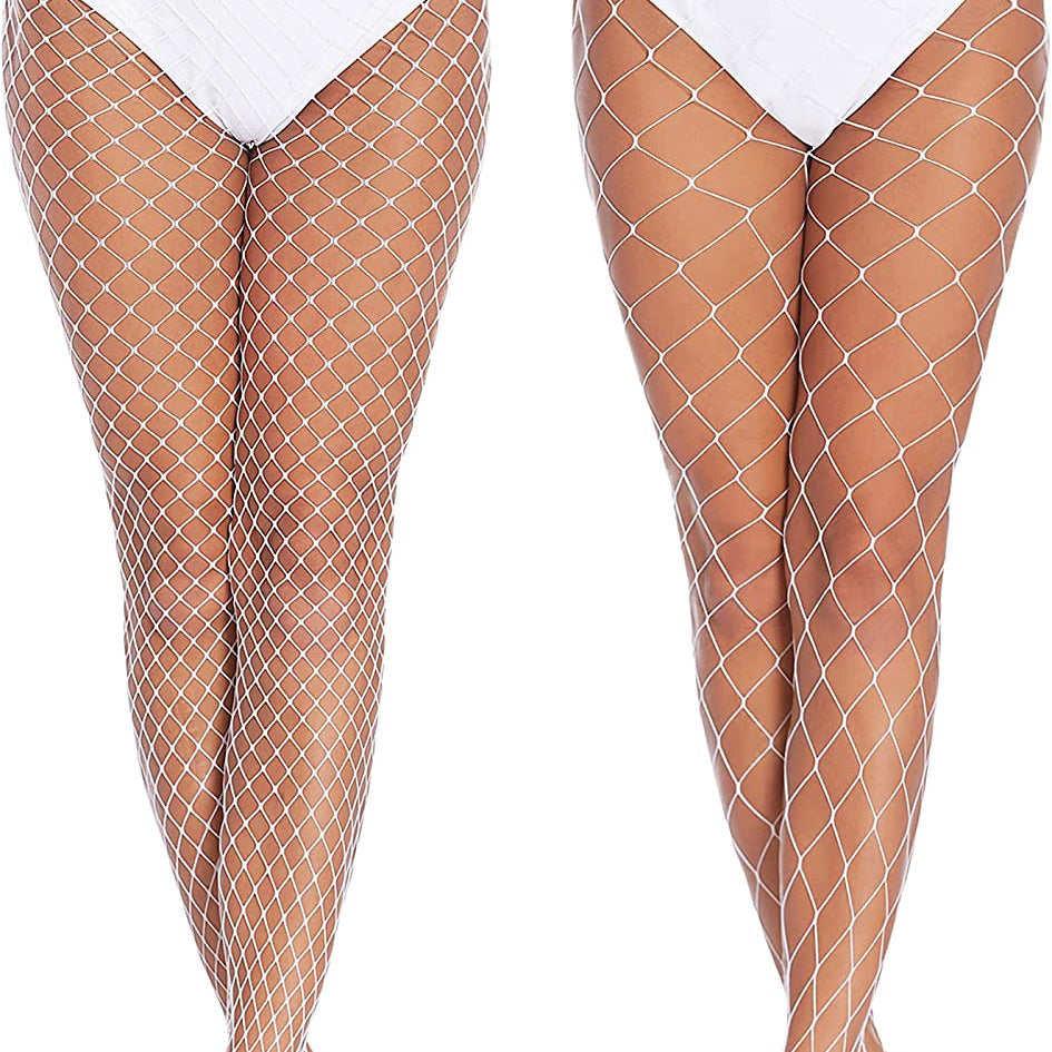 White Fishnet Stockings - Diamond net pattern, high-waisted, perfect for a confident and sexy look.