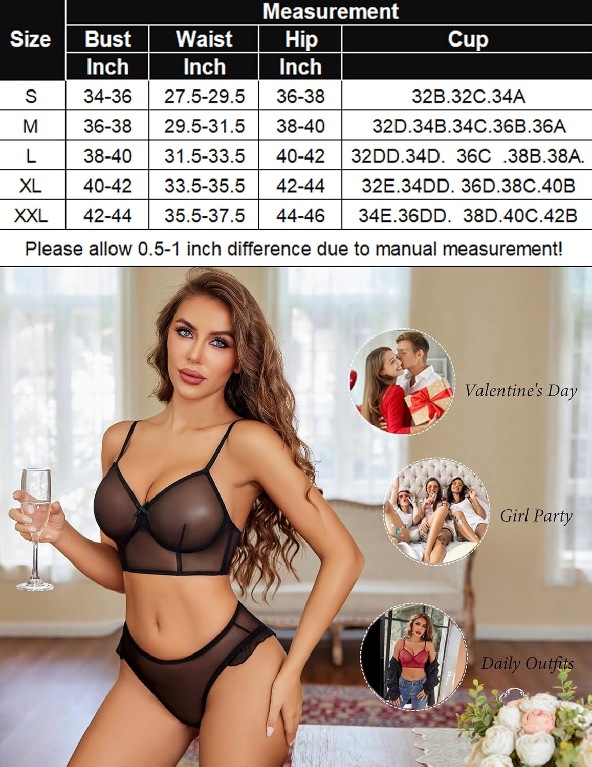 Black mesh lingerie set with size chart, perfect for Valentine's, Girls Party, and daily wear.