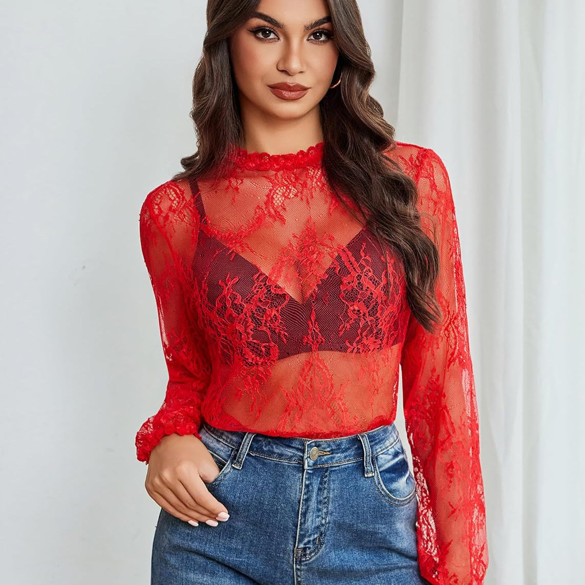 Floral Lace Mesh Top Long Sleeve Sheer Shirts