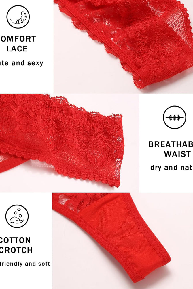 Red lace Brazilian panties, highlighting comfort, breathability, and cotton crotch. Sexy lingerie.