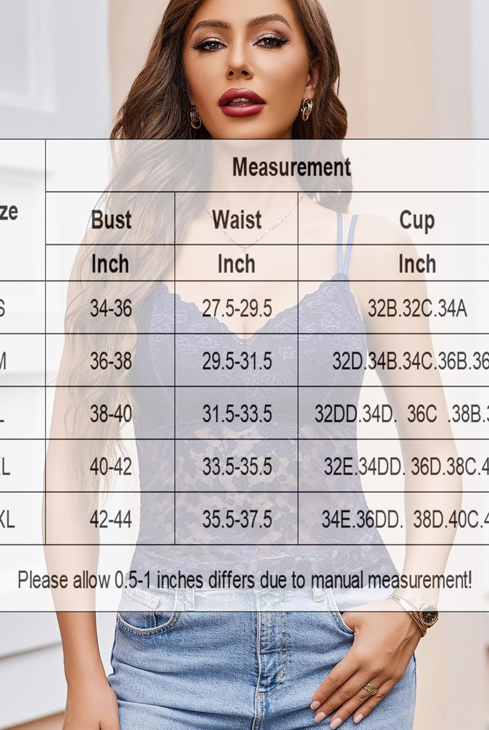Size chart for Lace V Neck Tube Slim Tank Top, bust, waist, and cup measurements.