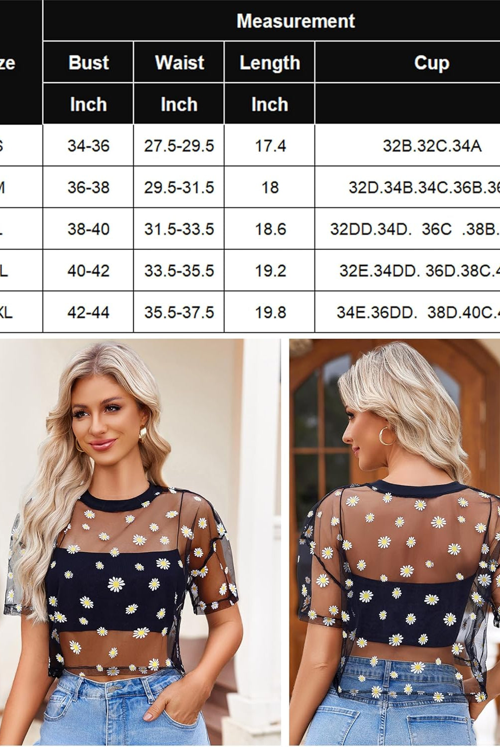 Black mesh crop top with daisy pattern, size chart. Trendy and sexy see-through shirt for women.