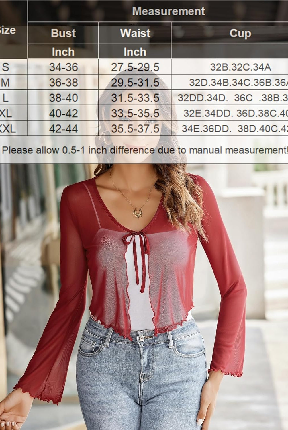Burgundy sheer shrug with tie front and bell sleeves, size chart included, mesh shawl top for women