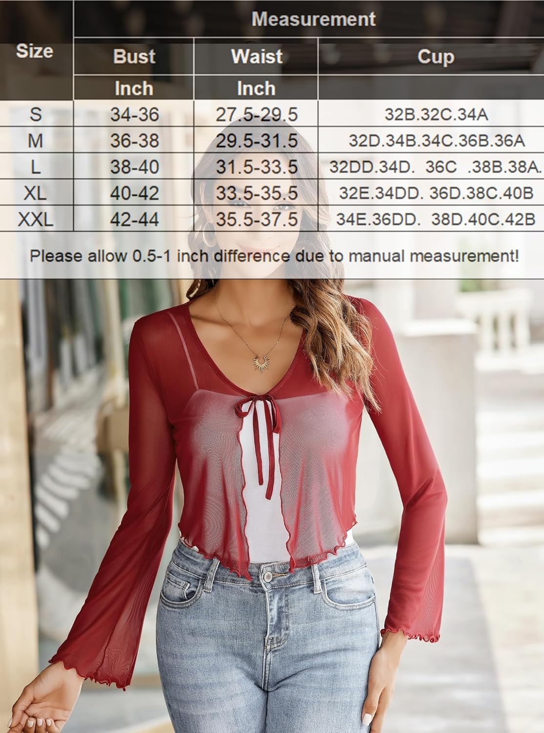 Burgundy sheer shrug with tie front and bell sleeves, size chart included, mesh shawl top for women