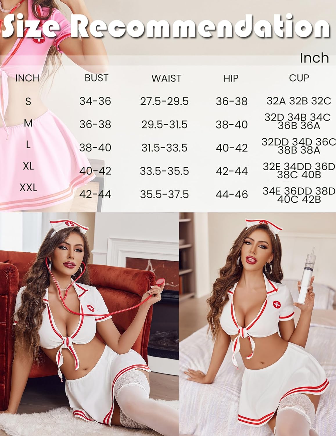 Nurse Cosplay Set size chart with measurement details; sexy white tie-top and mini skirt.