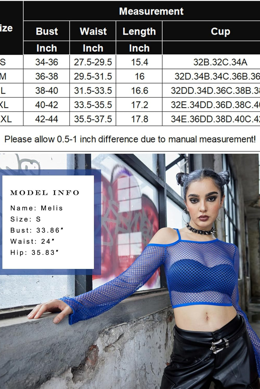 Blue fishnet asymmetrical crop top, see-through design, model Melis in size S, with size chart.