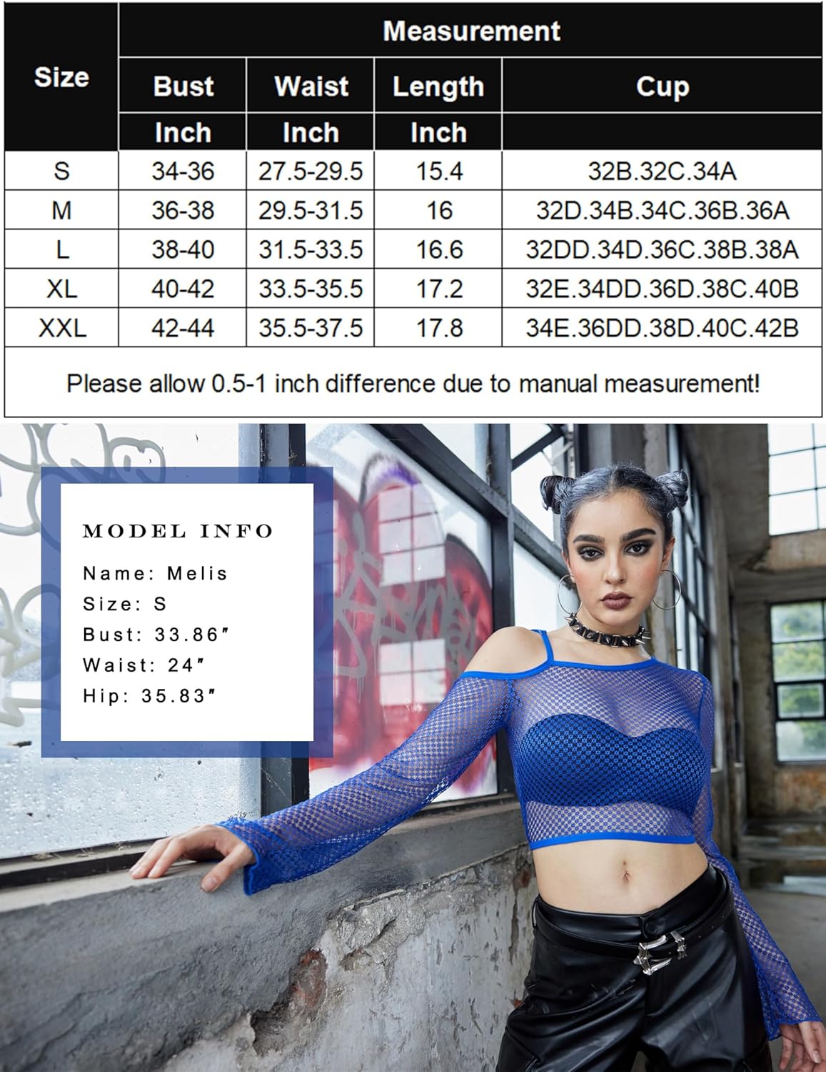 Blue fishnet asymmetrical crop top, see-through design, model Melis in size S, with size chart.
