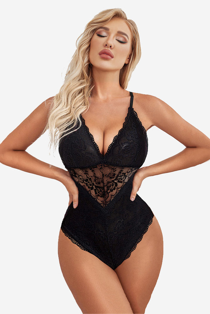 Black floral lace snap crotch teddy lingerie, adjustable straps, confident and comfortable design.