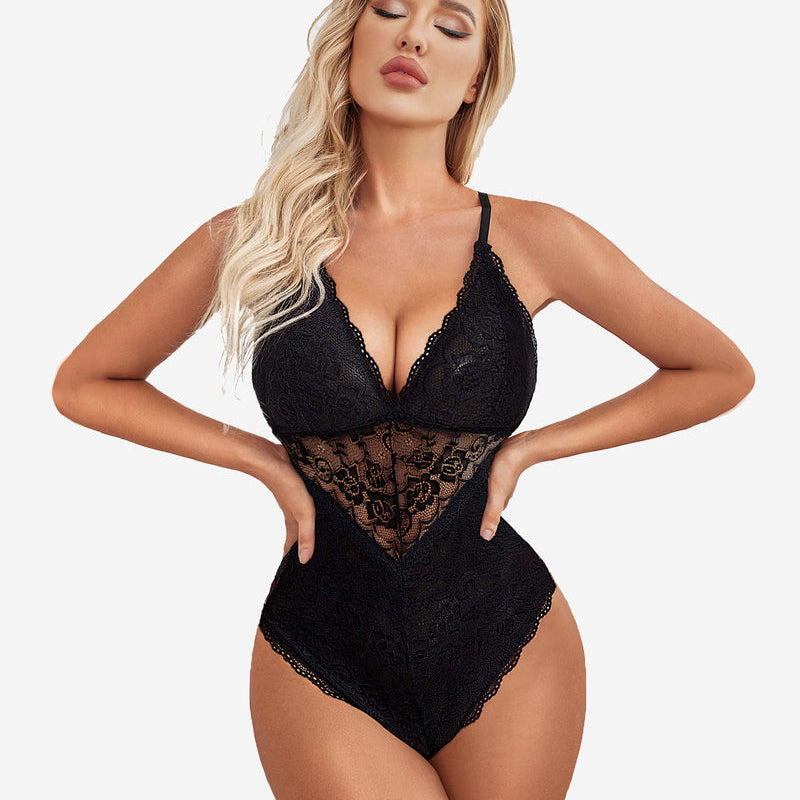 Black floral lace snap crotch teddy lingerie, adjustable straps, confident and comfortable design.