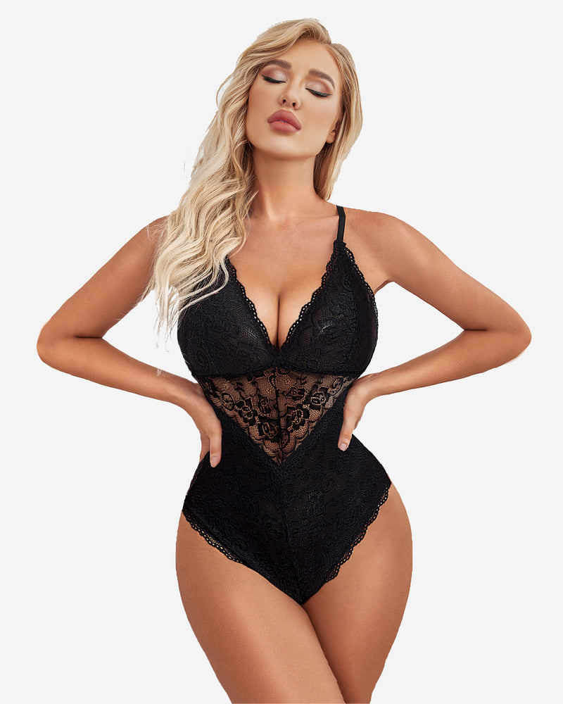 Black floral lace snap crotch teddy lingerie, adjustable straps, confident and comfortable design.