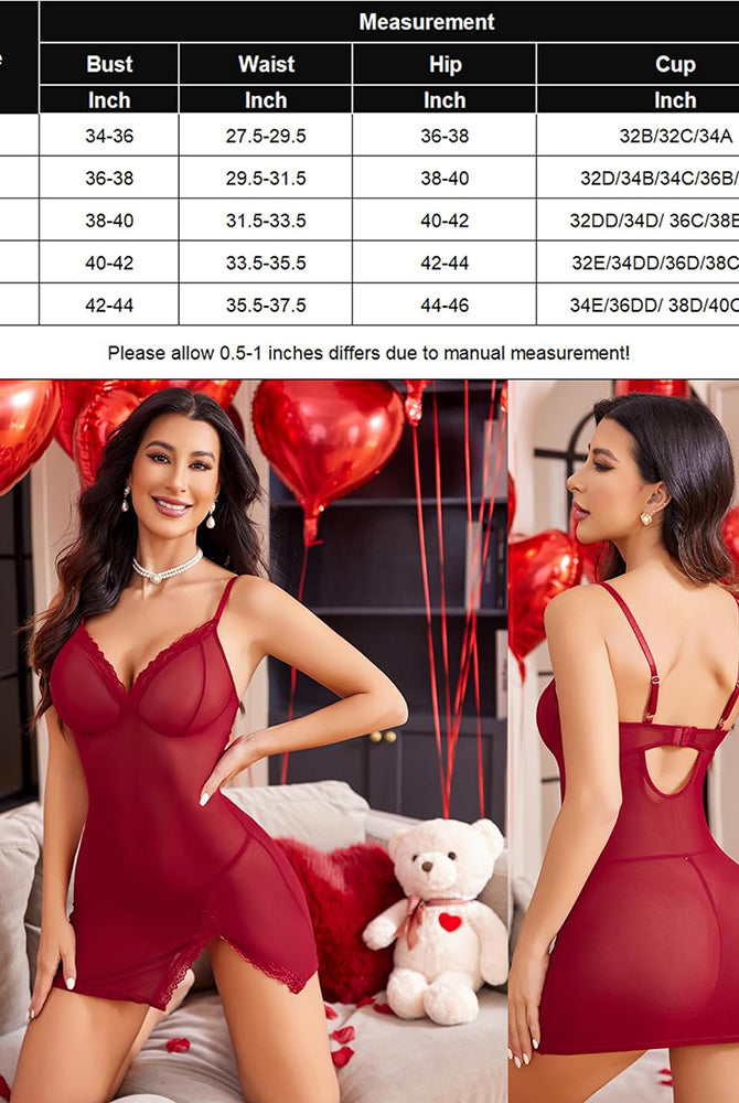 Burgundy mesh side slit nightgown with lace trim. Sexy Avidlove lingerie, measurement chart.